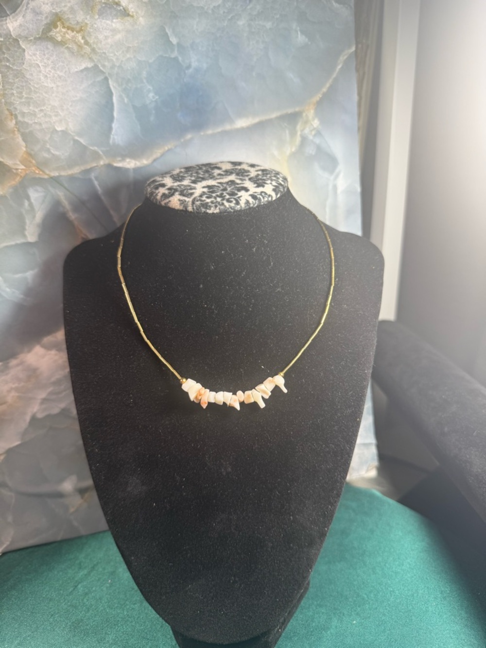 Delicate Choker Style Gold Tone Necklace with Cream Shell Chip Accents - Picture 2 of 6